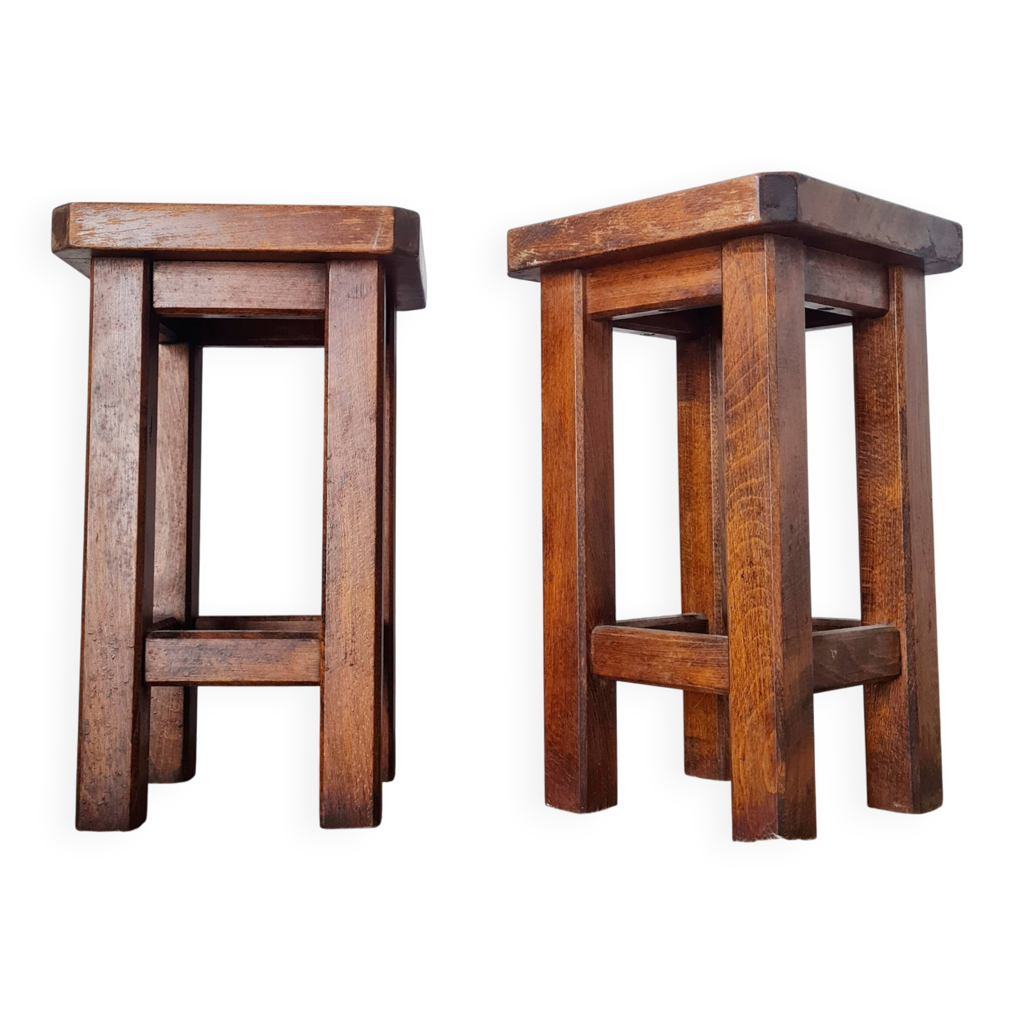 Pair of brutalist wooden stools, bedside tables.