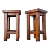 Pair of brutalist wooden stools, bedside tables.