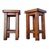 Pair of brutalist wooden stools, bedside tables.