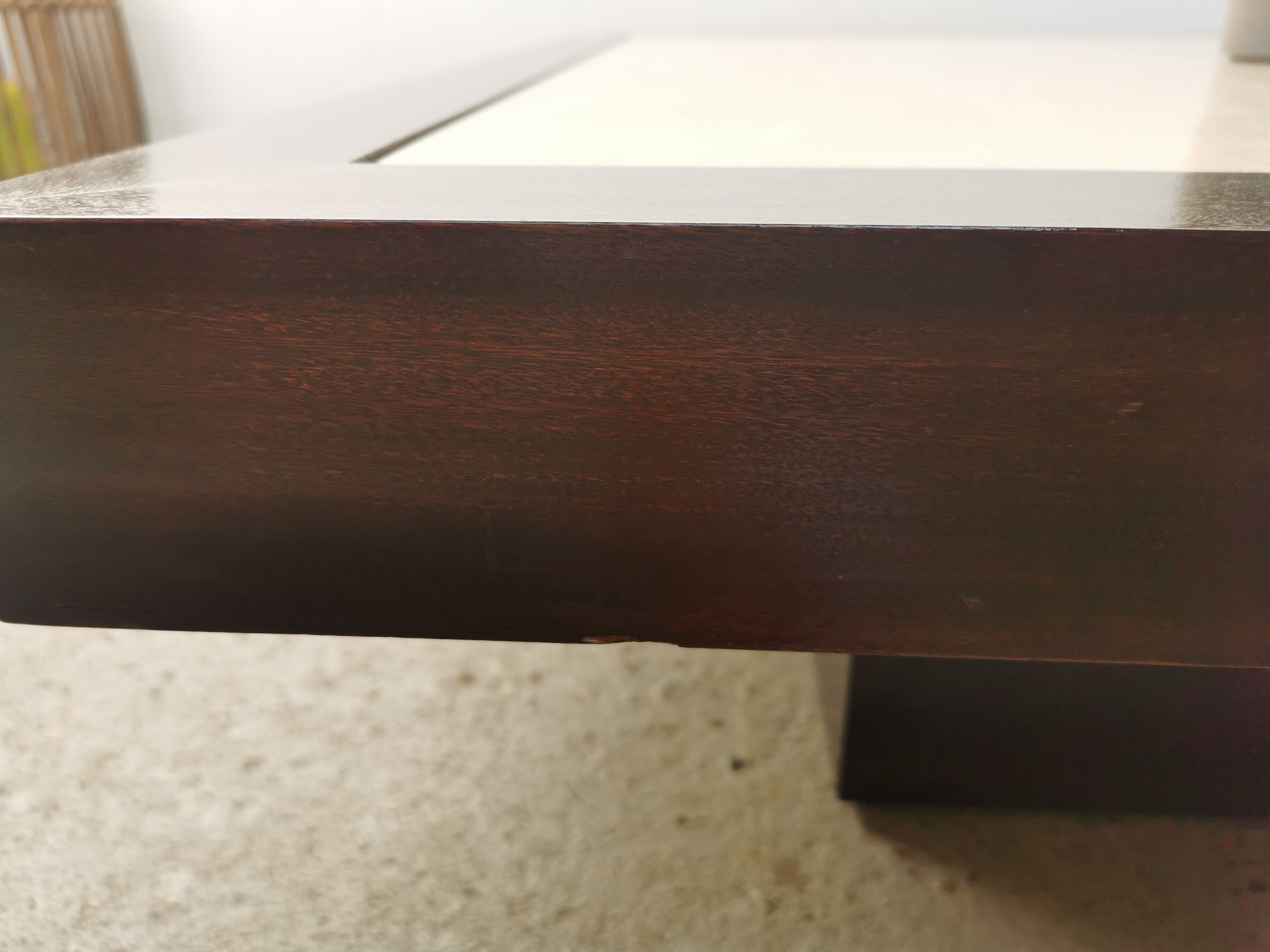 Table basse vintage travertin et bois design 1970