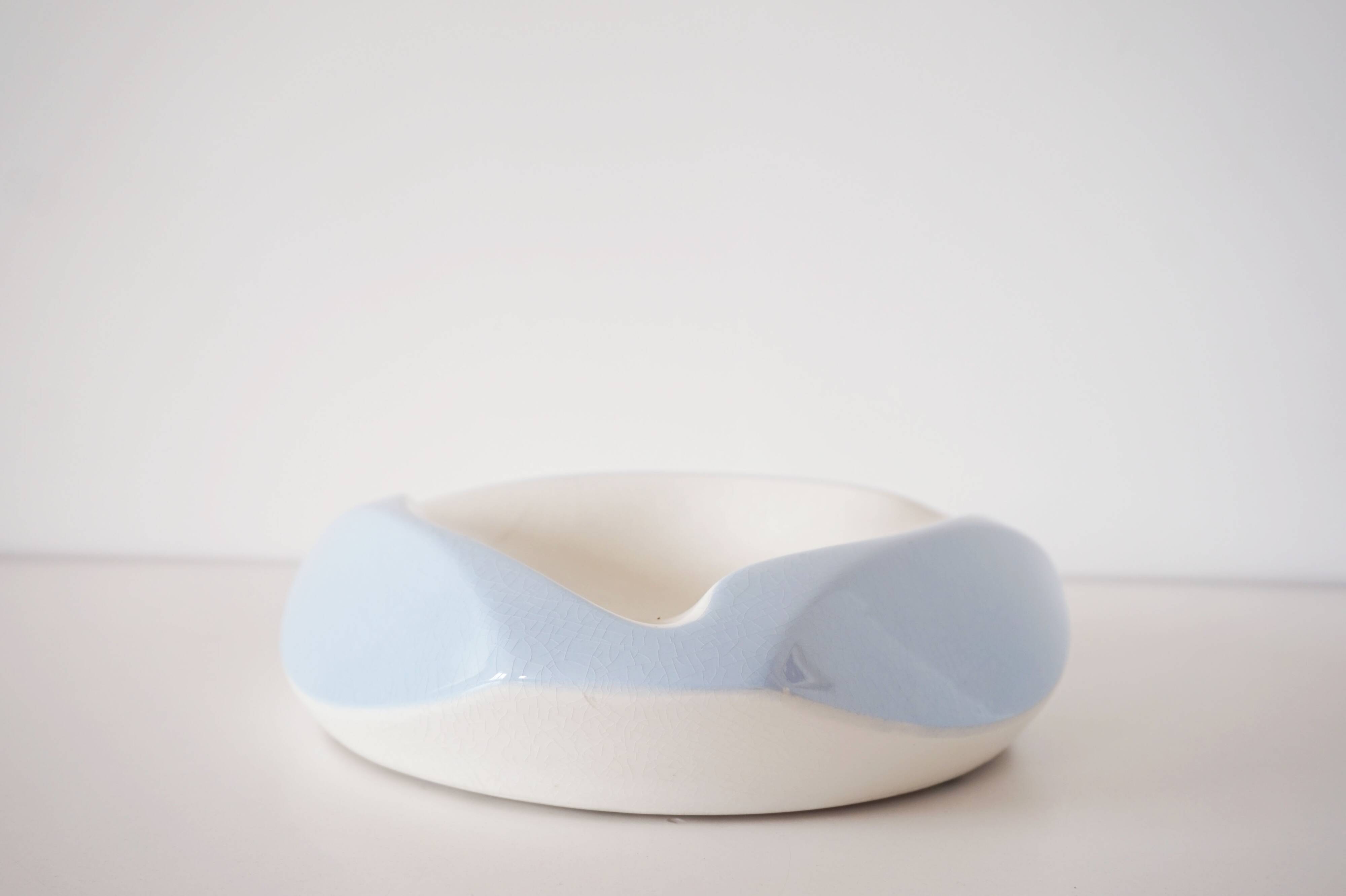 Large white and sky blue ceramic catchall from the 1950s.