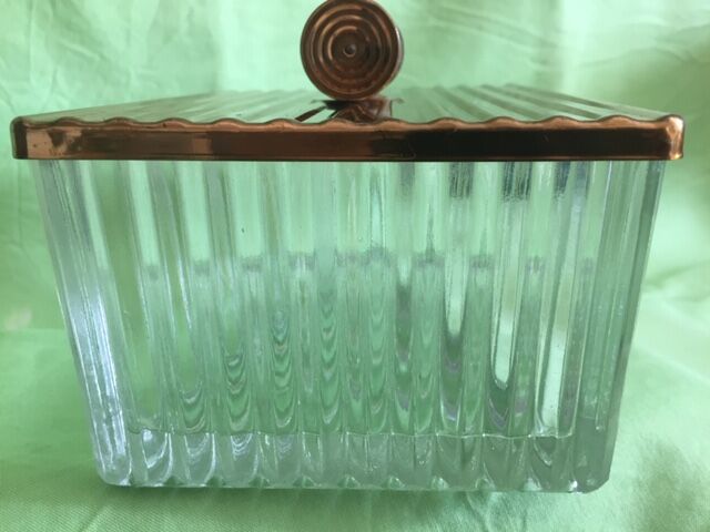 Art Deco gold metal glass cookie box