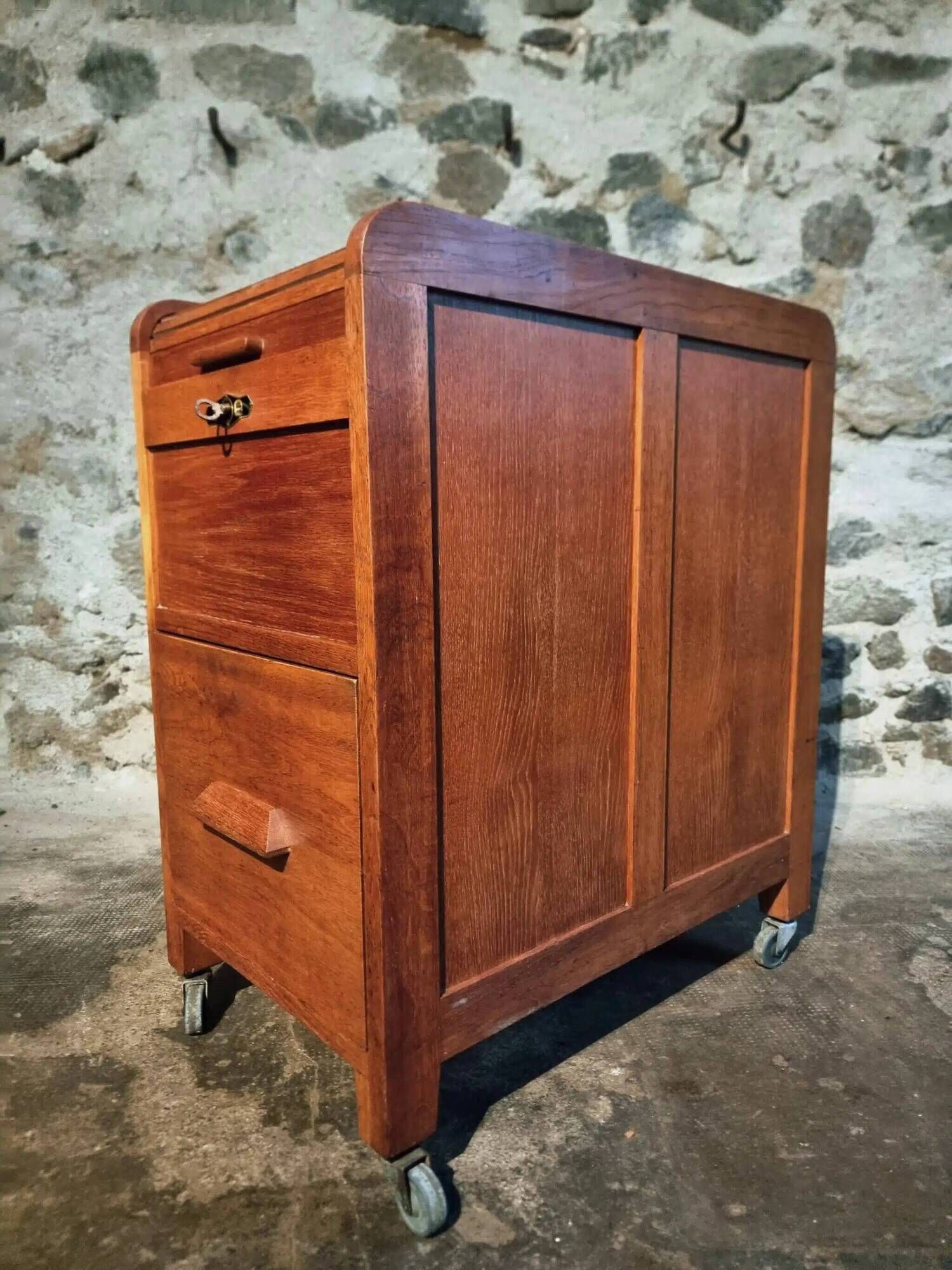 Vintage French oak office rolling cabinet with tambour door, 1950s.