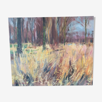 Oil on panel painting, rural landscape