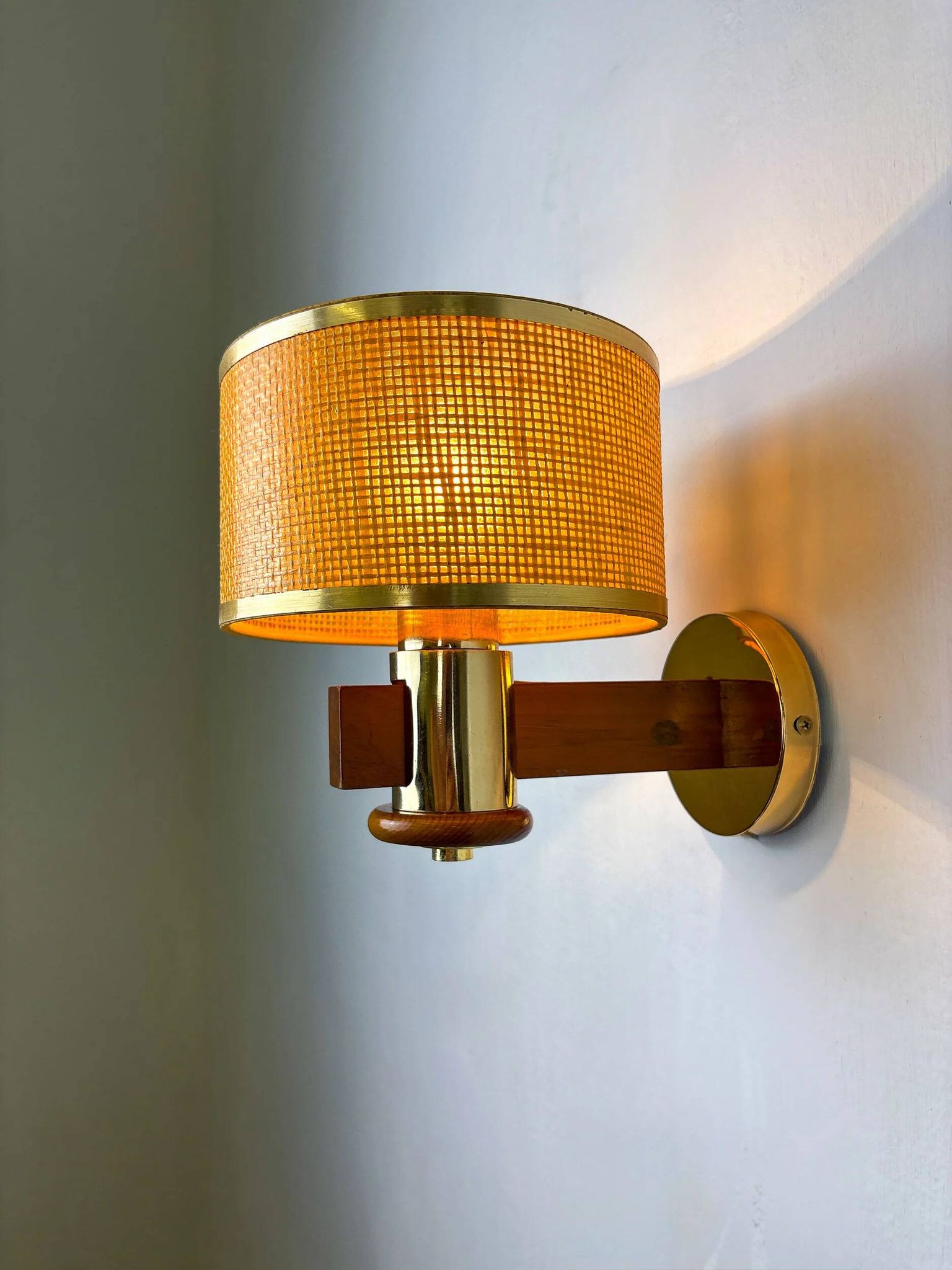 Pair of vintage rattan & wood wall sconces, Italy, circa 1970s