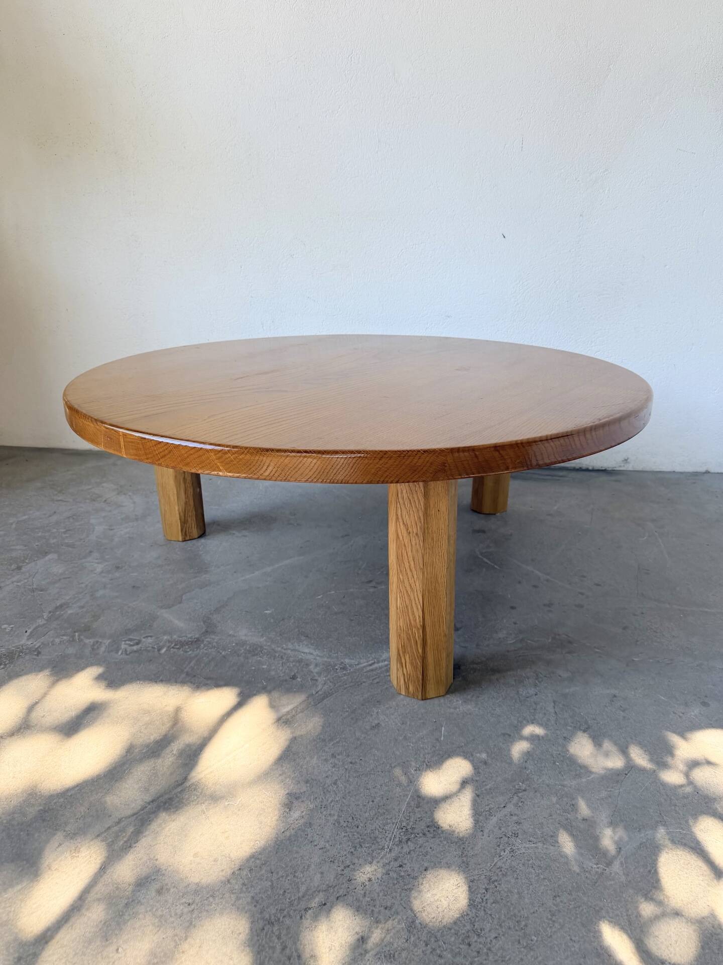 1950s round tripod oak coffee table