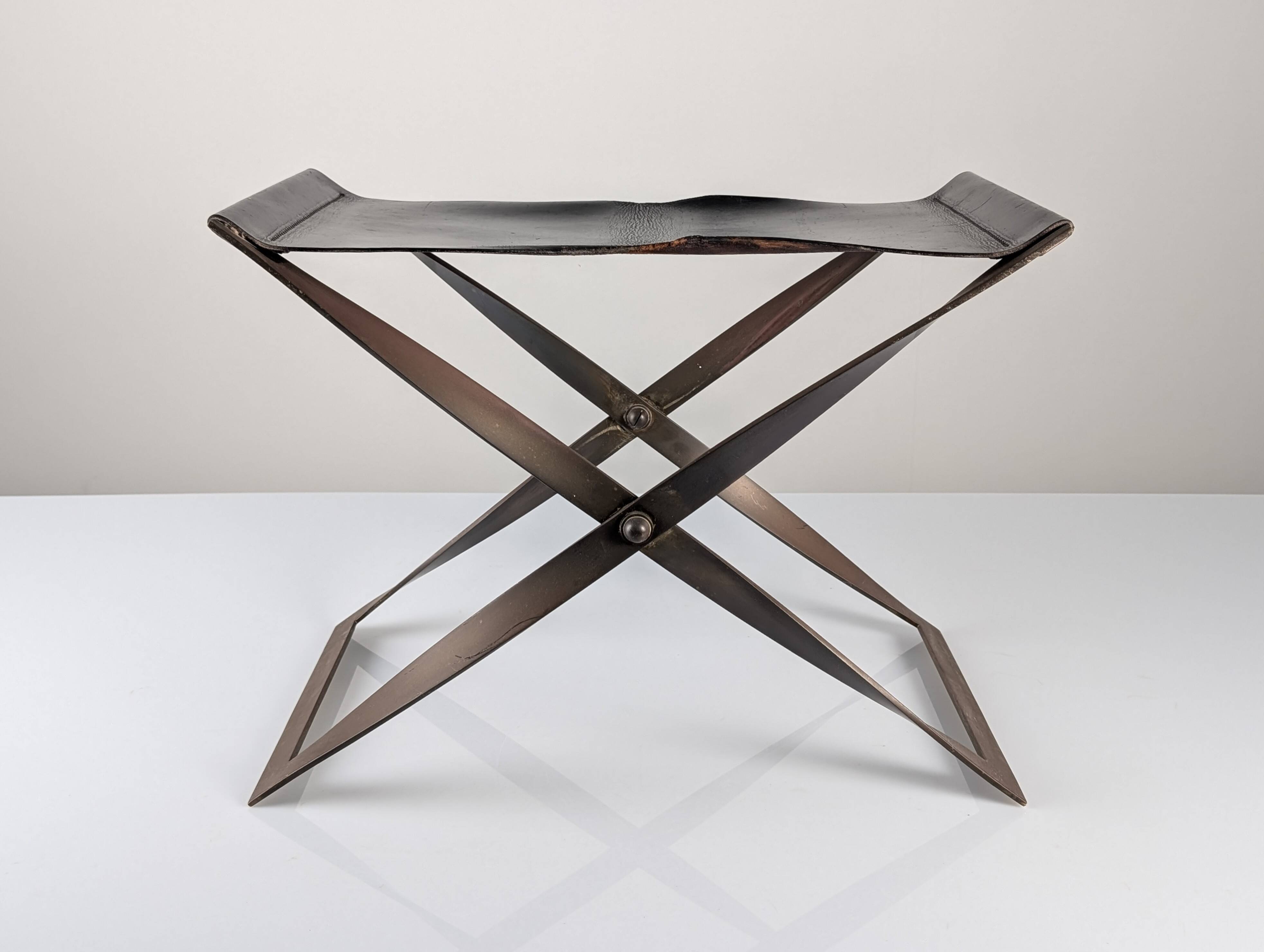 Folding Steel and Leather Stool, Denmark 1960s