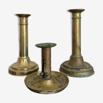 Trio de bougeoirs laiton vintage patinés