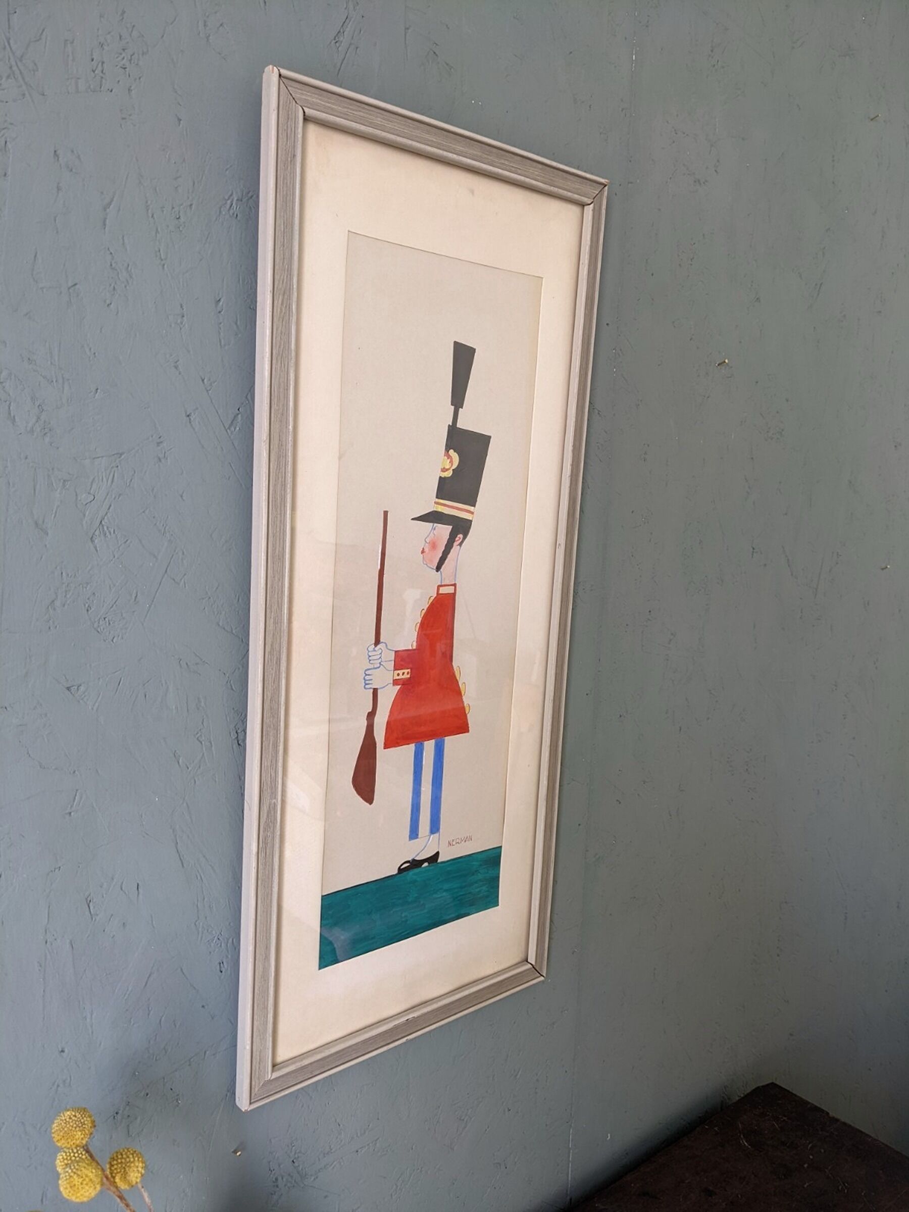 Mid-century modern swedish "The royal guard" vintage figurative watercolor & gouache painting