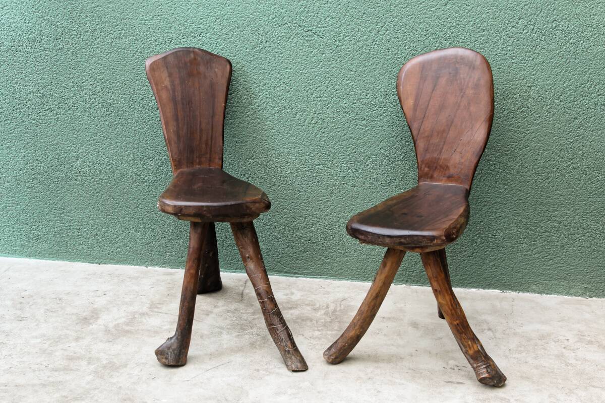 Pair of brutalist chairs in raw wood
