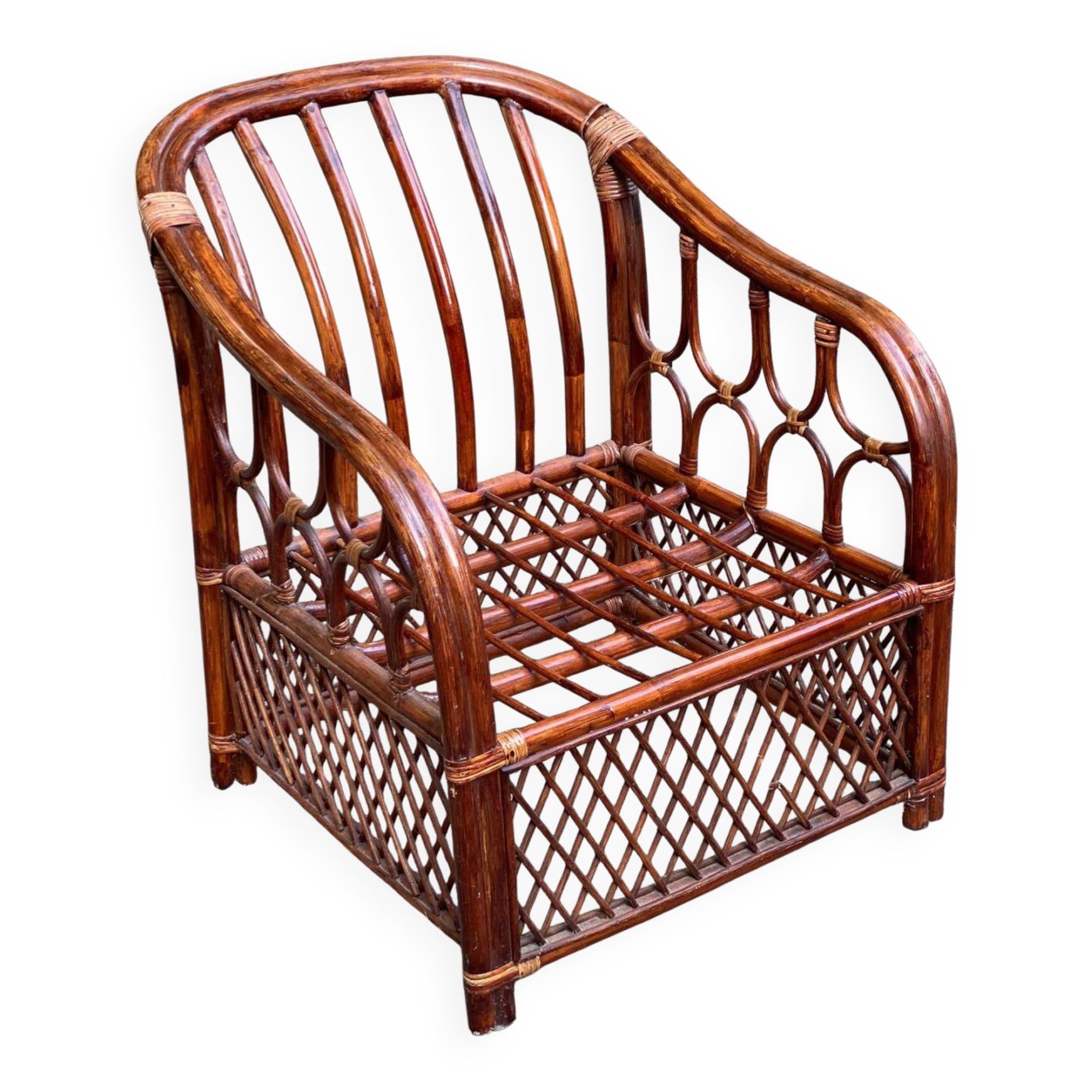 Adult burgundy rattan and wicker armchair with cushion 1970