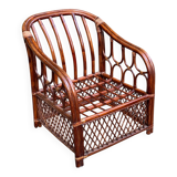 Adult burgundy rattan and wicker armchair with cushion 1970