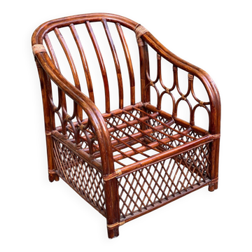 Fauteuil rotin et osier adulte bordeaux avec coussin 1970