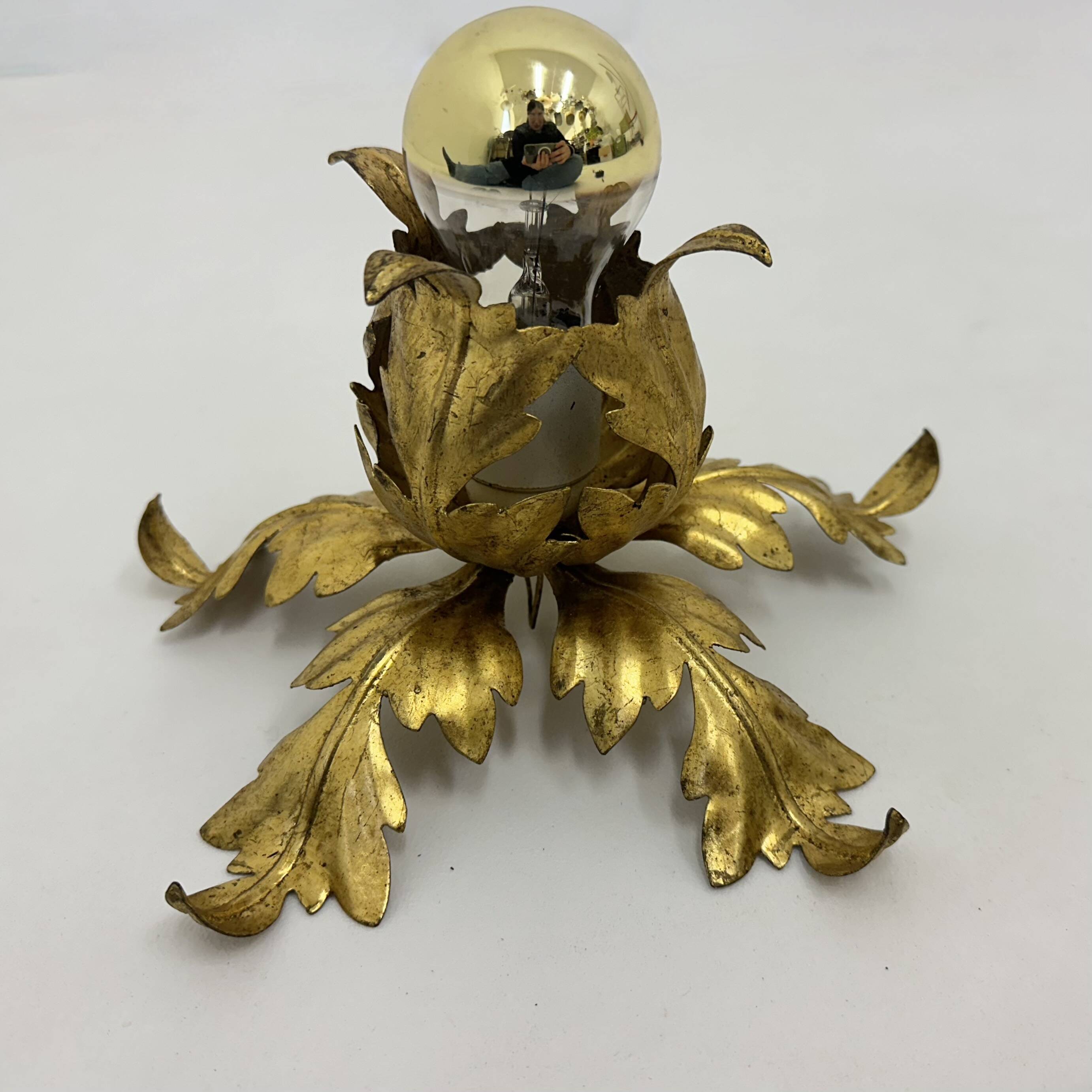 Hollywood regency gold leaf flower light , 1970s