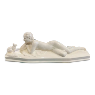 Sarreguemines woman and rabbit subject earthenware ART DECO