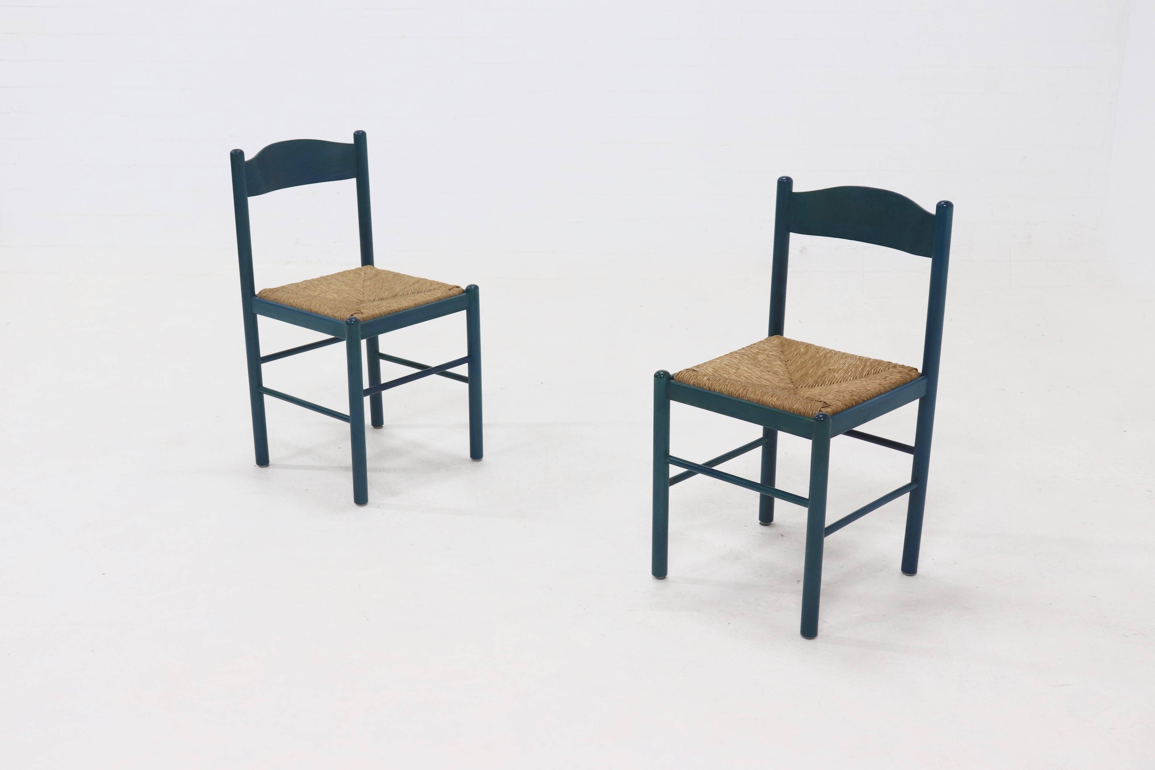 Set of 2 Stained Wood and Rush Dining Chairs 1960s