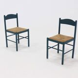 Set of 2 Stained Wood and Rush Dining Chairs 1960s