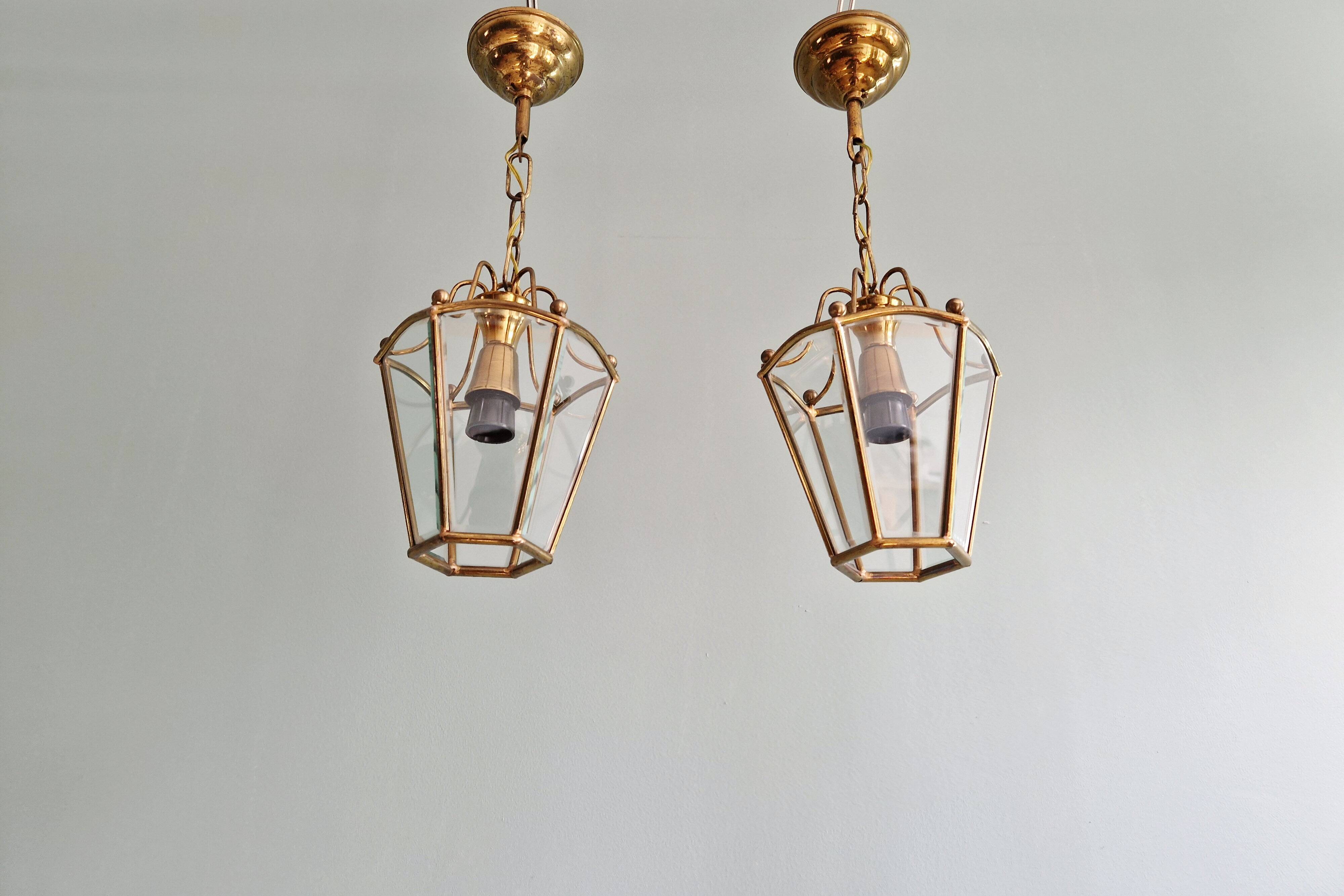 Pair of brass and bevelled glass pendant lights/lanterns, 1950-60.