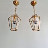 Pair of brass and bevelled glass pendant lights/lanterns, 1950-60.