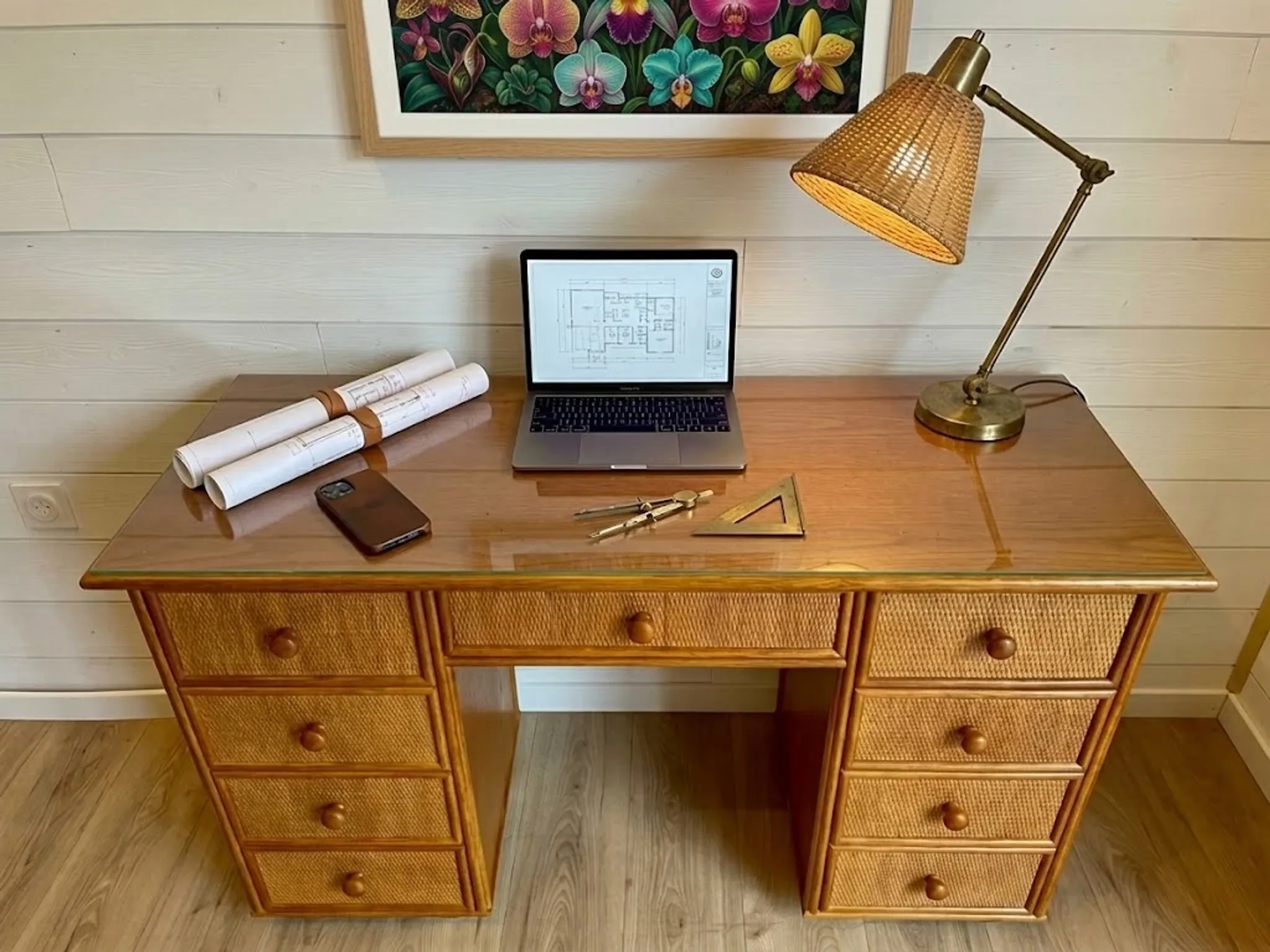 Cane work desk / Rattan glass top 9 drawers shallow depth