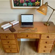 Cane work desk / Rattan glass top 9 drawers shallow depth