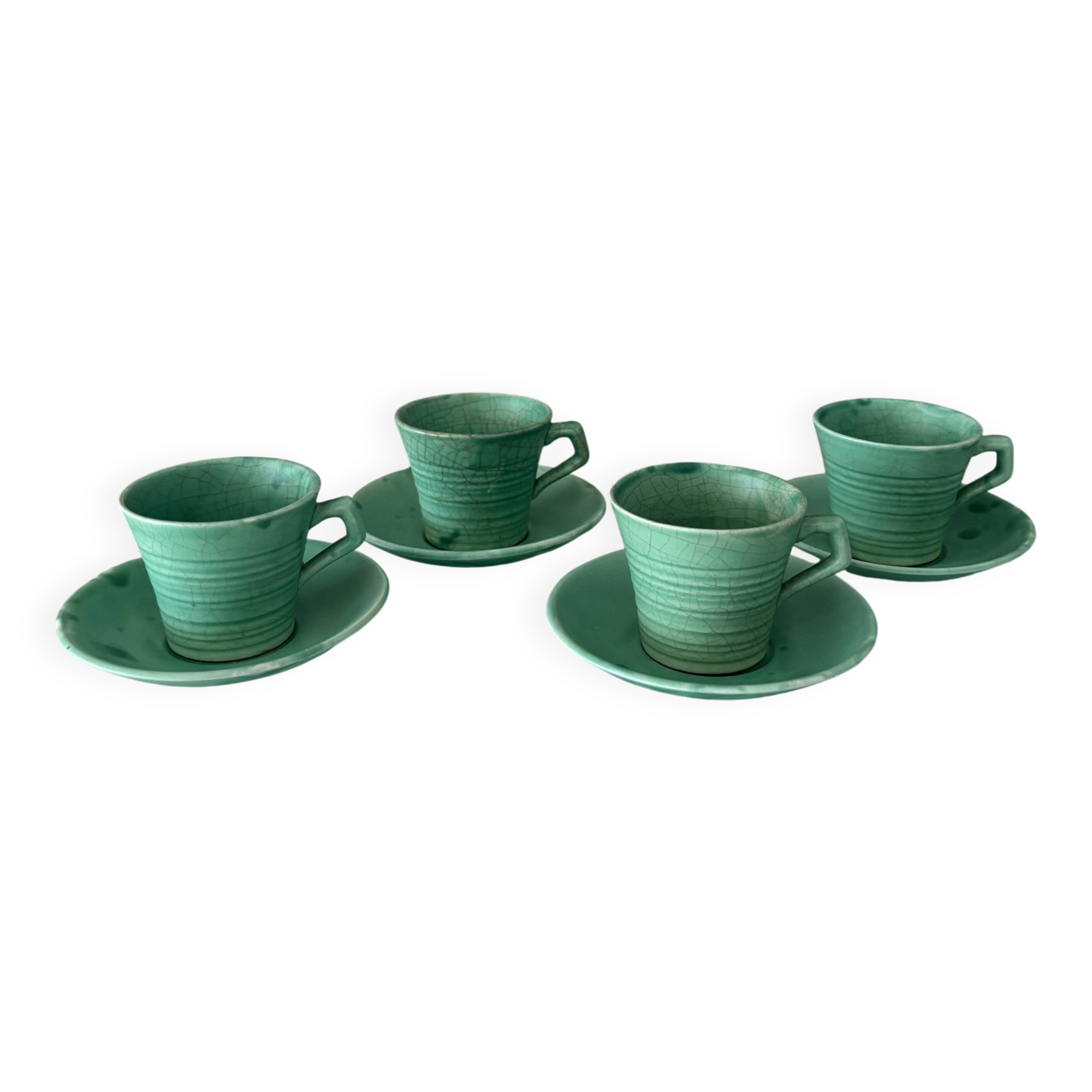 Set of 4 Vintage Jade Green Studio Pottery Espresso Cups & Saucers – Hand G