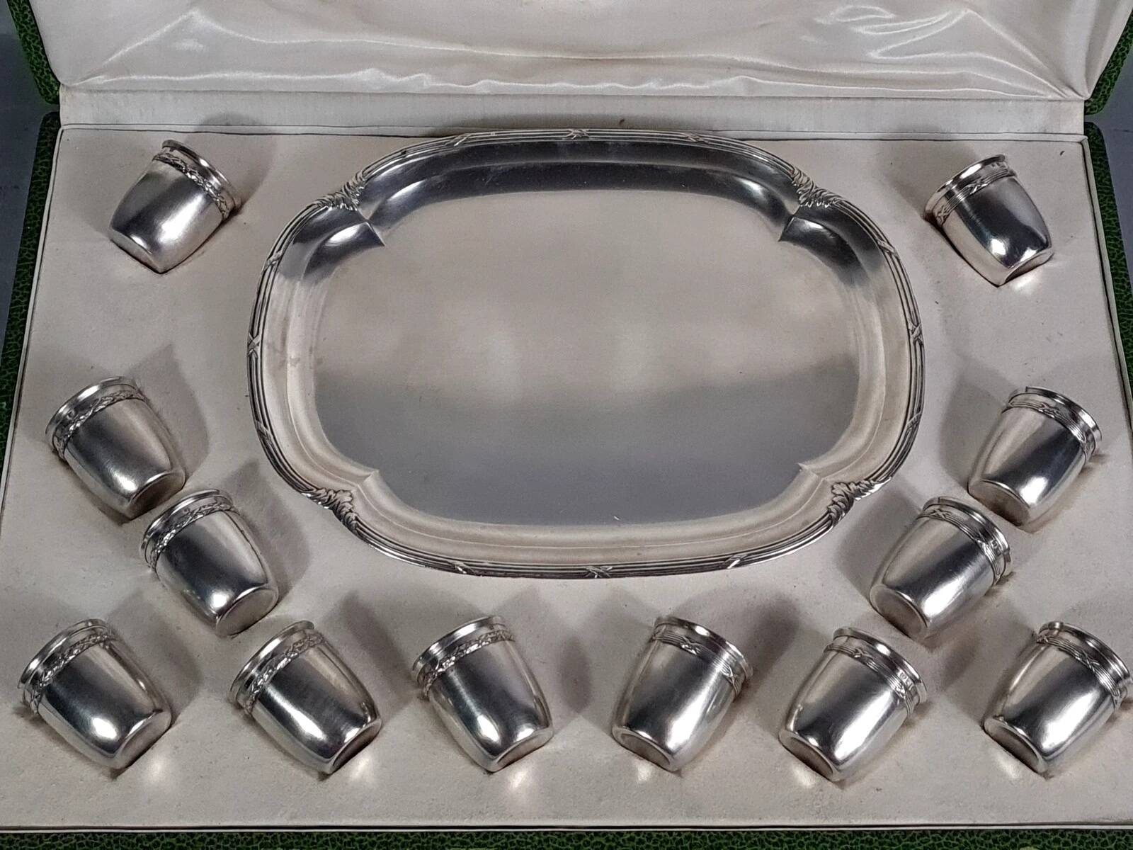 Antique silver-plated/gold liquor service with 12 goblets, tray + case.