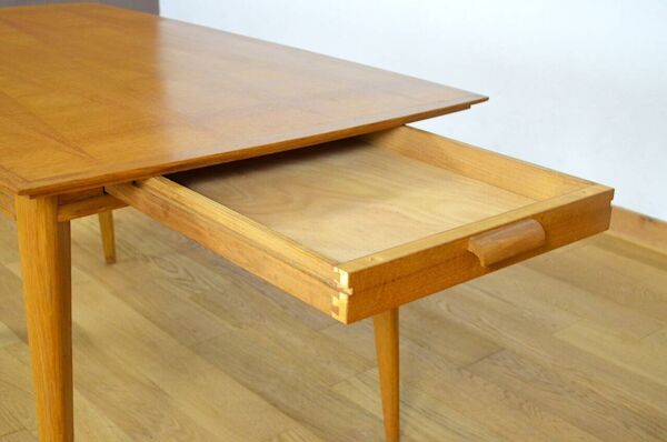 Table en chêne blond & pieds compas vintage 1960