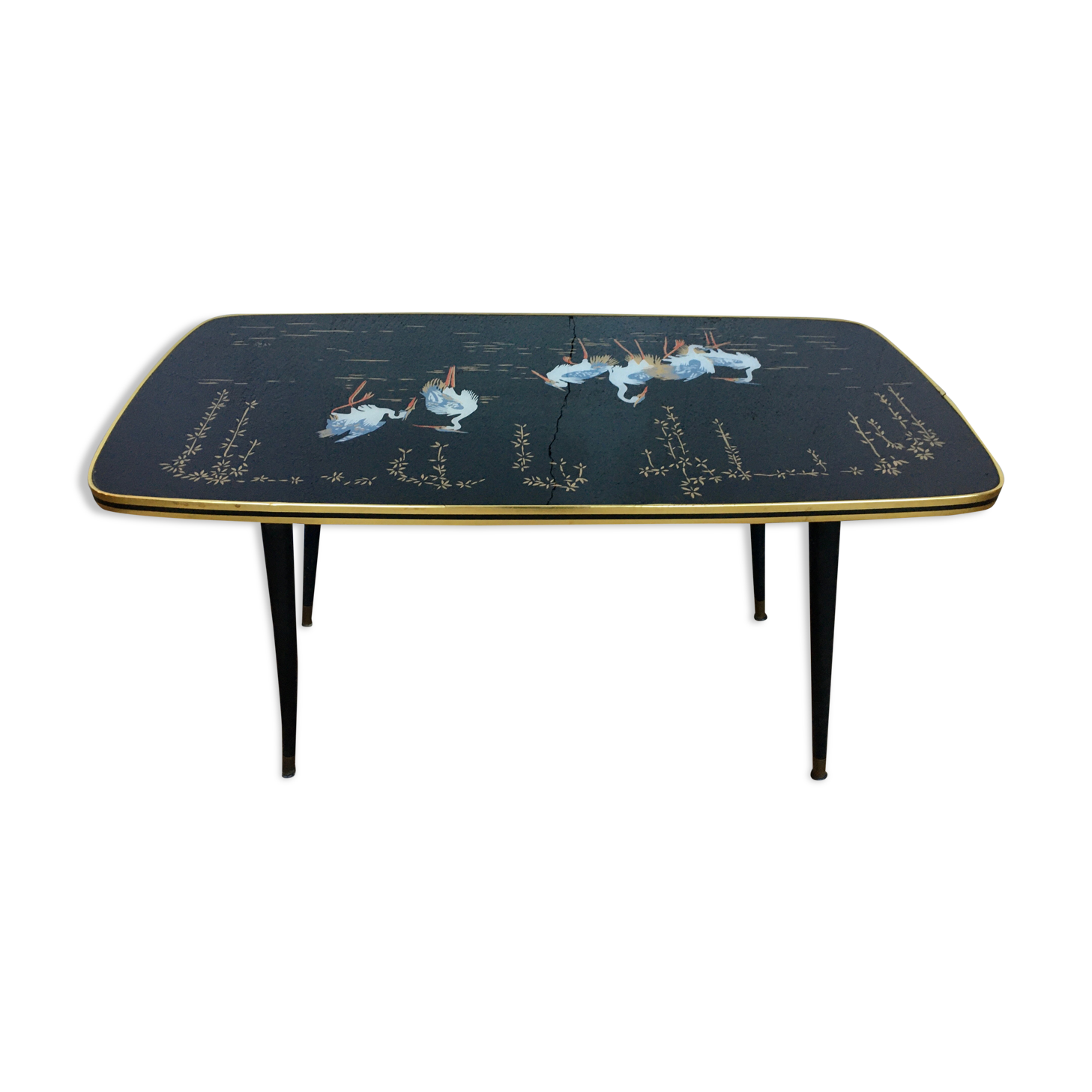 Table basse forme libre peinture sous verre heron jardin 1950 ancien