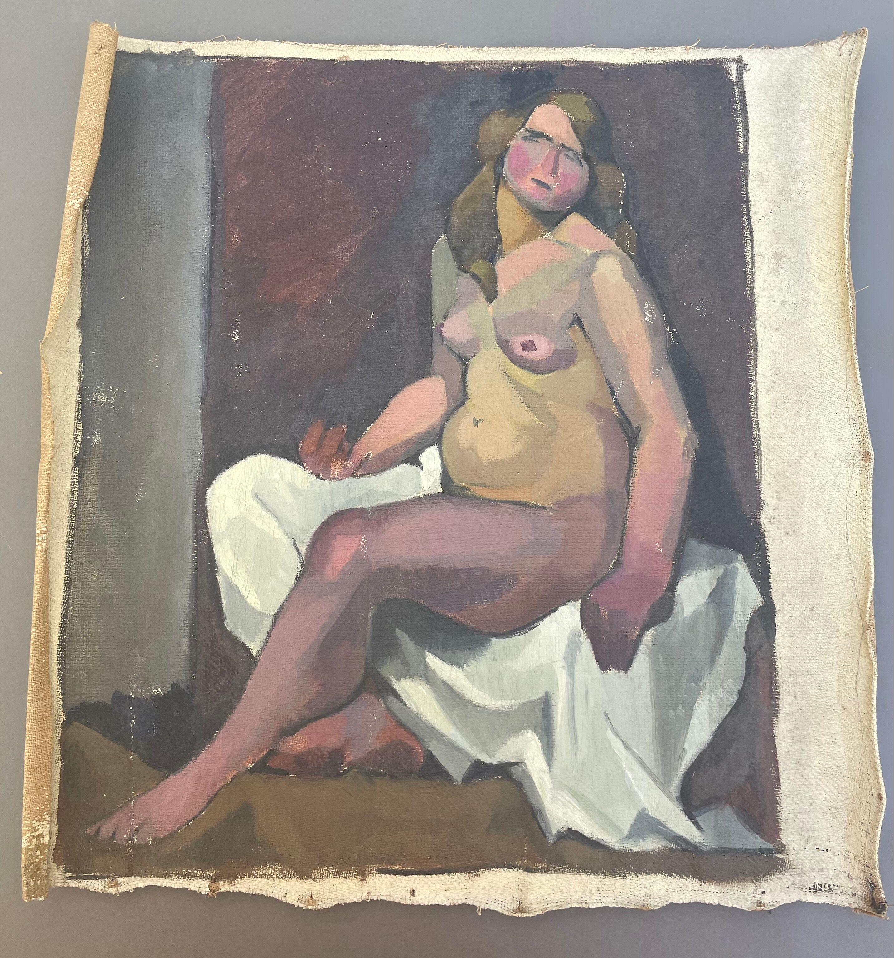 Tableau peinture ancienne nu féminin cubiste XXe