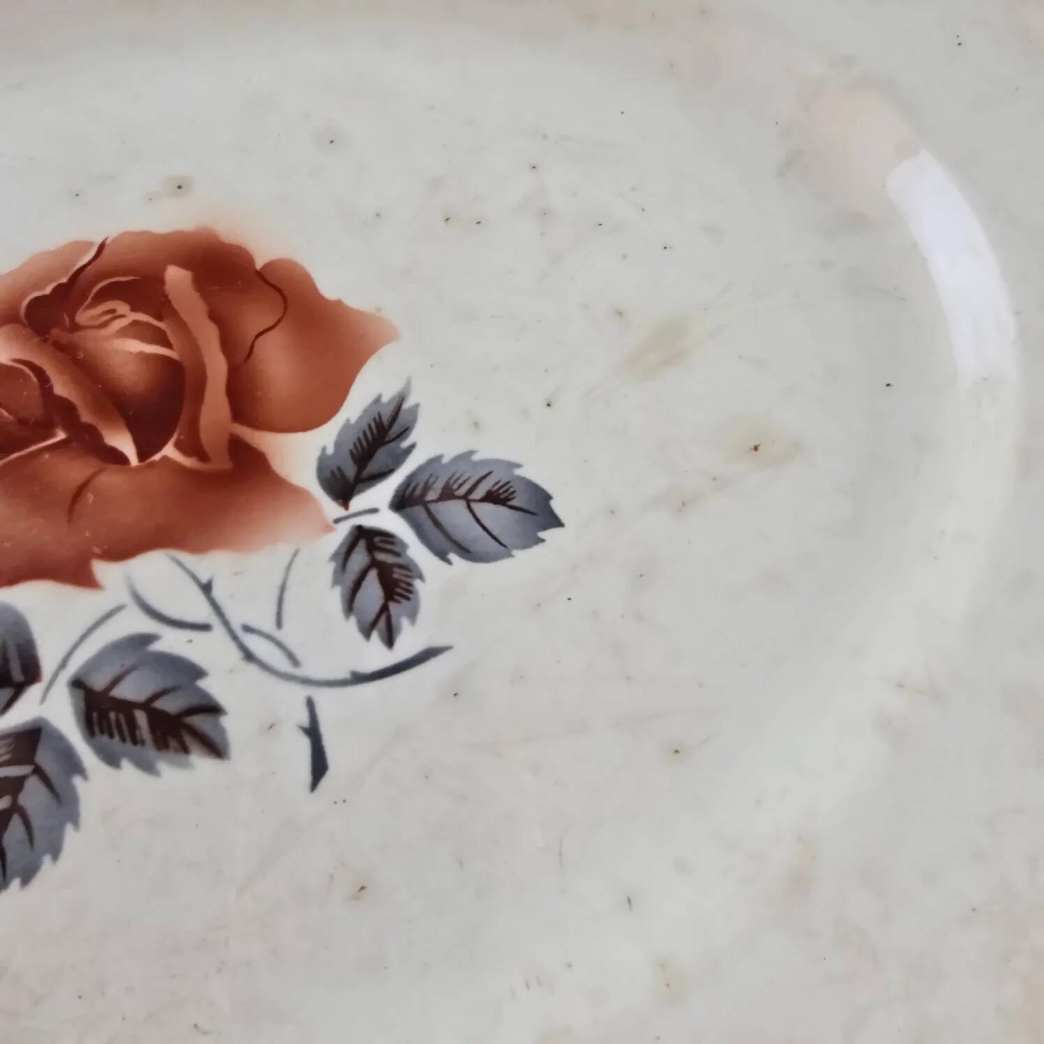 Digoin Sarreguemines plate with rose decoration, ironstone – Large patinated model