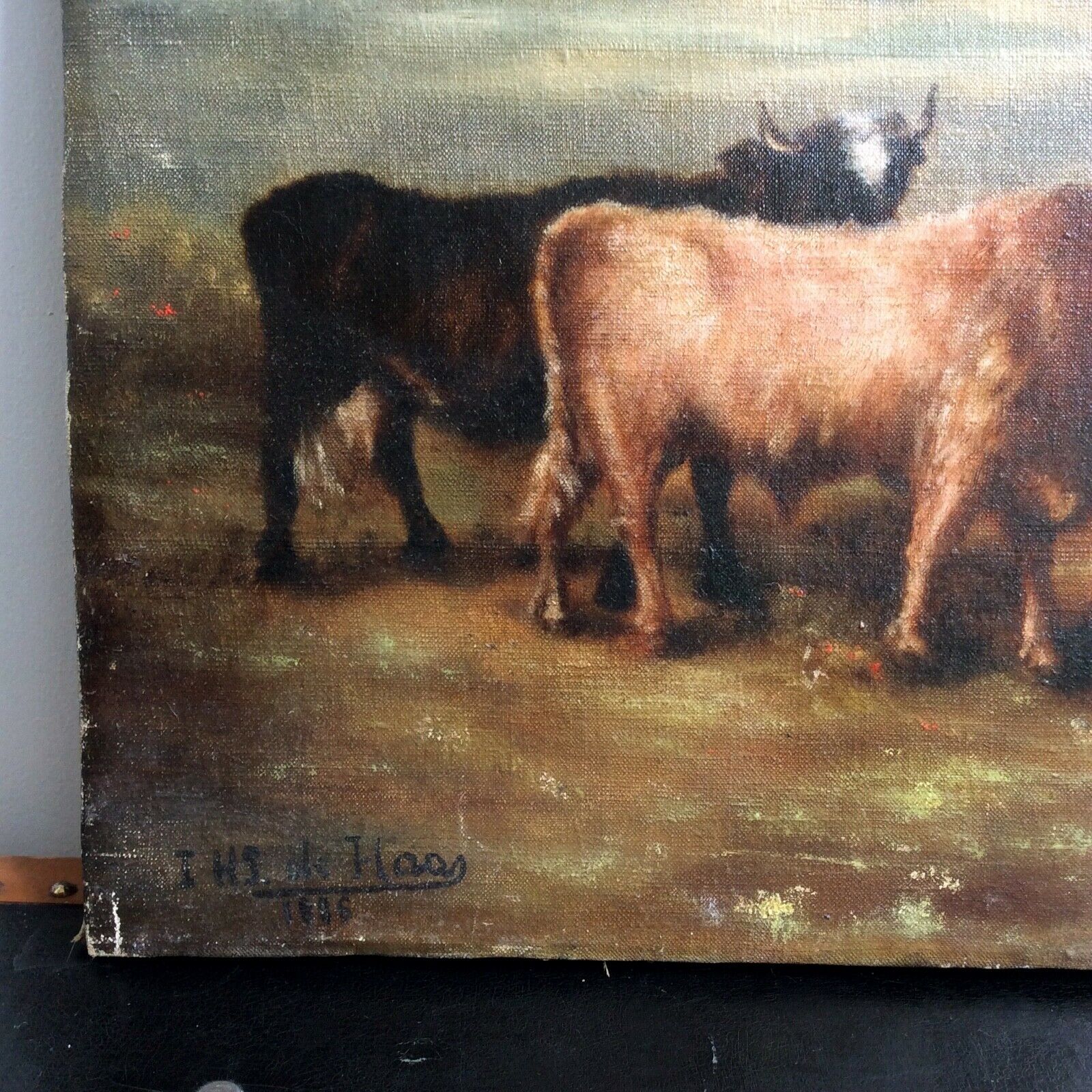 Table Oil on Canvas Cows and Bull grazing Signed FROM HAAS 1886