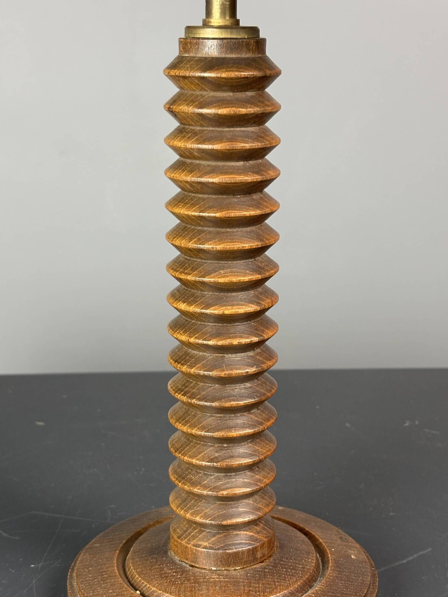 Midcentury French brutalist wood turned table lamp, Charles Dudouyt style