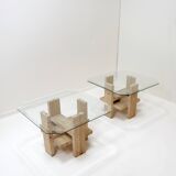 Pair of Travertine and Glass End Tables by Willy Ballez, Belgium 1970s