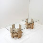 Pair of Travertine and Glass End Tables by Willy Ballez, Belgium 1970s
