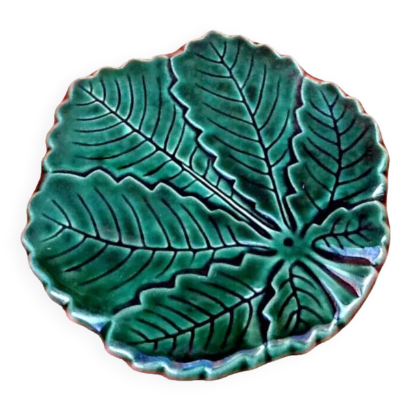 Dessous de plat feuille de vigne céramique émaillée années 1960