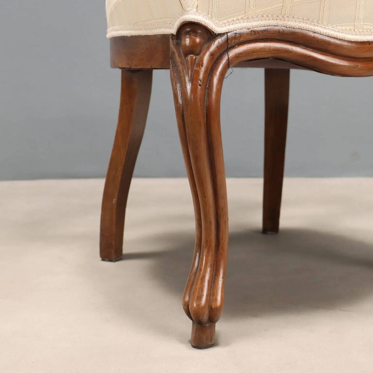 Antique Louis-Philippe chairs in walnut and fabric, Italy, 19th century.
