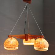 1970s Czechoslovakian rattan & pine pendant light, three-shade chandelier