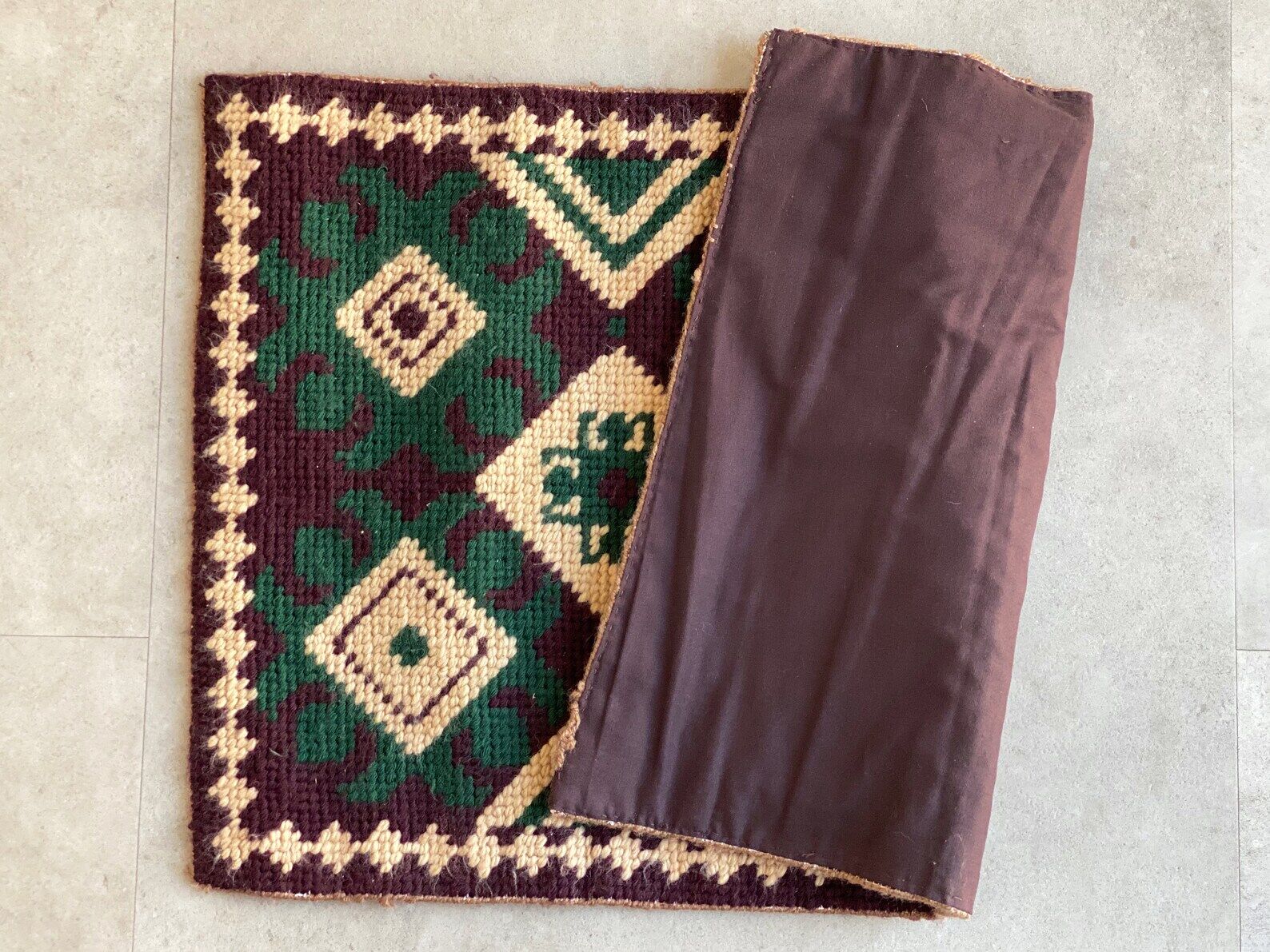 Hand knotted runner rug / table runner in brown - green - beige