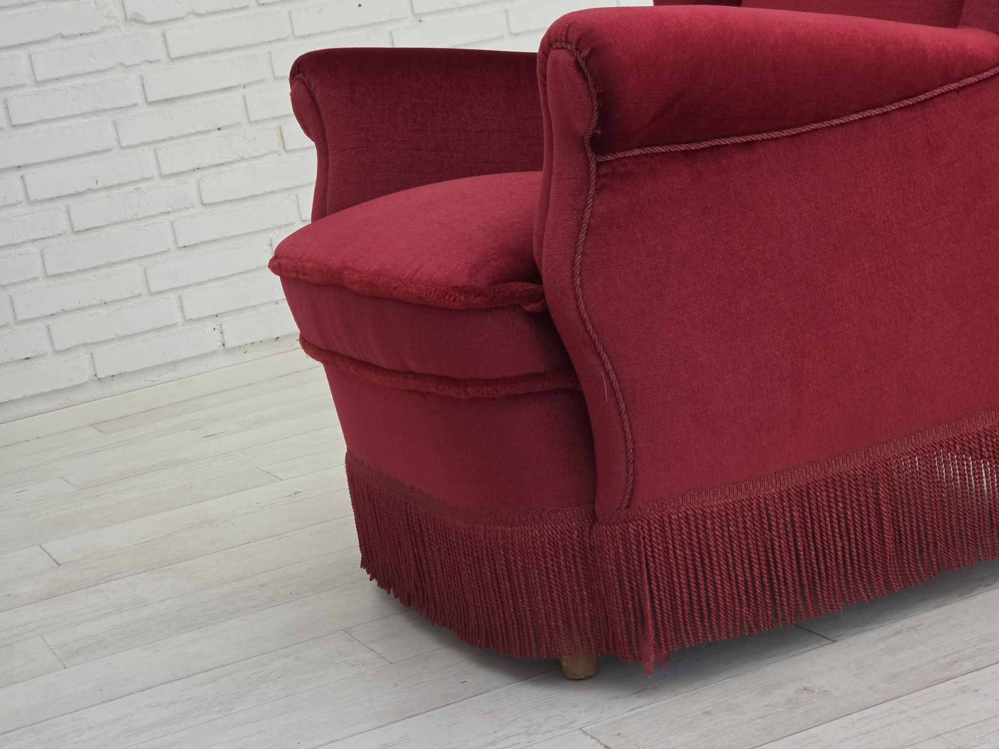 1960s, Danish armchair, red furniture velour, beech wood legs.