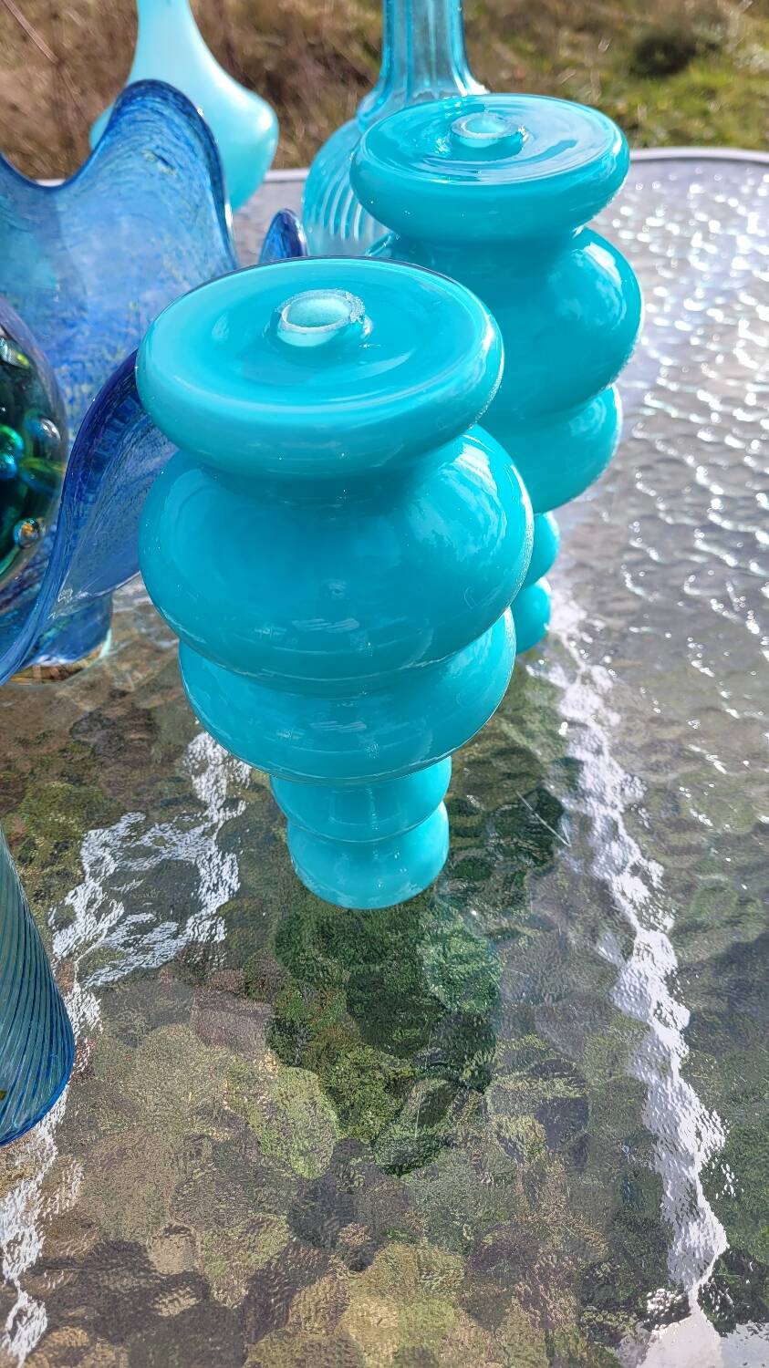 Pair of Space Age lampshades in blue opaline.