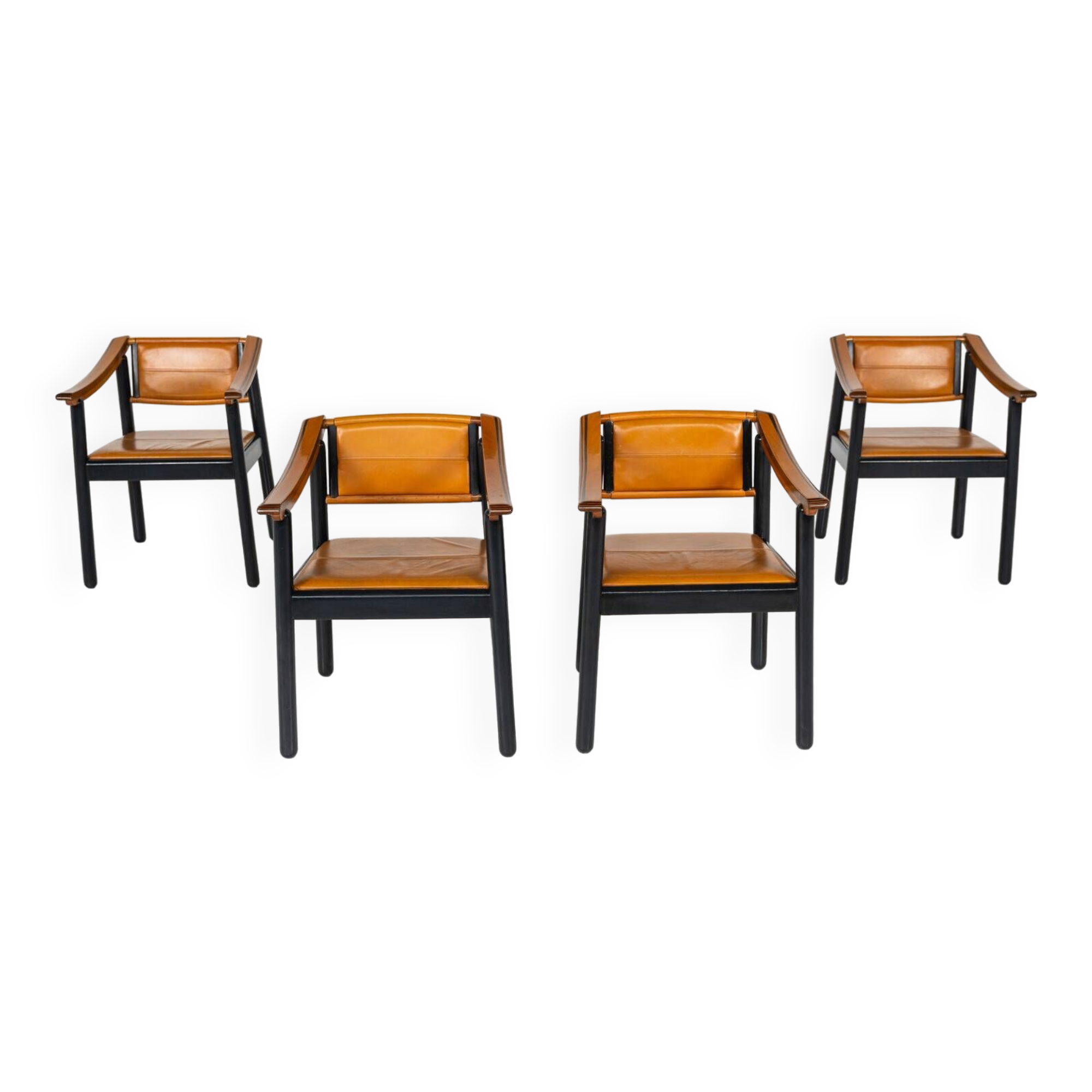 Mid-Century Modern 4 Armchairs in the style of Scarpa, Wood and Leather, Italy, 1960s