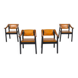 Mid-Century Modern 4 Armchairs in the style of Scarpa, Wood and Leather, Italy, 1960s