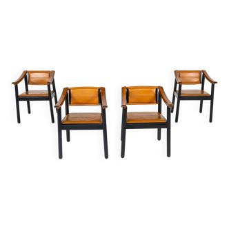 Mid-Century Modern 4 Armchairs in the style of Scarpa, Wood and Leather, Italy, 1960s