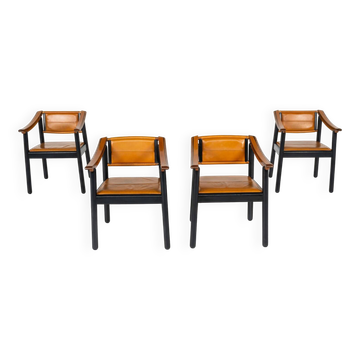 Mid-Century Modern 4 Armchairs in the style of Scarpa, Wood and Leather, Italy, 1960s