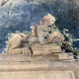 Aquarelle ancienne française signée, vue de jardin et sculpture, d'époque 19eme