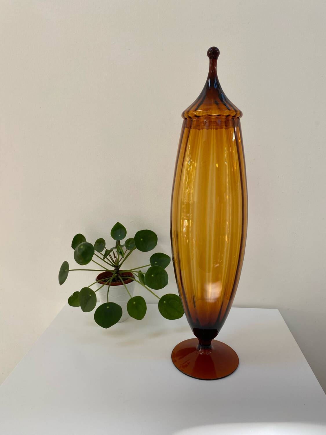 Large XL candy jar Empoli Italy in amber blown glass - 1960s