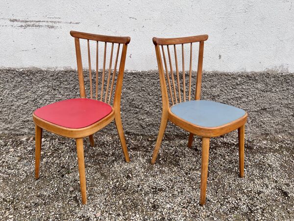 Paire de chaises scandinave bleu et rouge