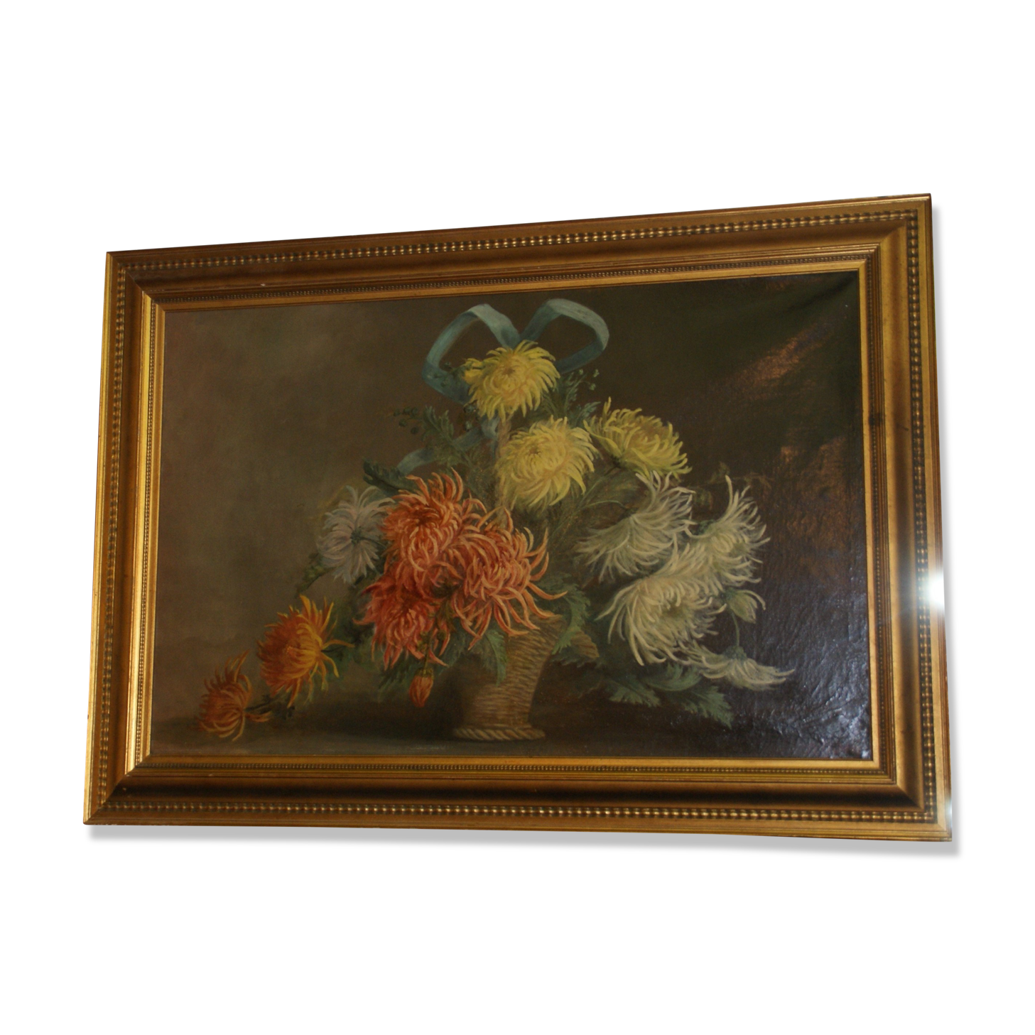 Tableau bouquet de fleurs huile à décor de chrysanthèmes signé  A.Plessy