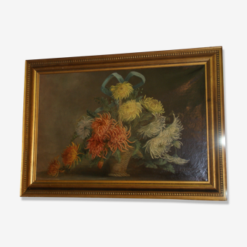 Painting bouquet of flowers oil decorated with chrysanthemums signed A.Plessy